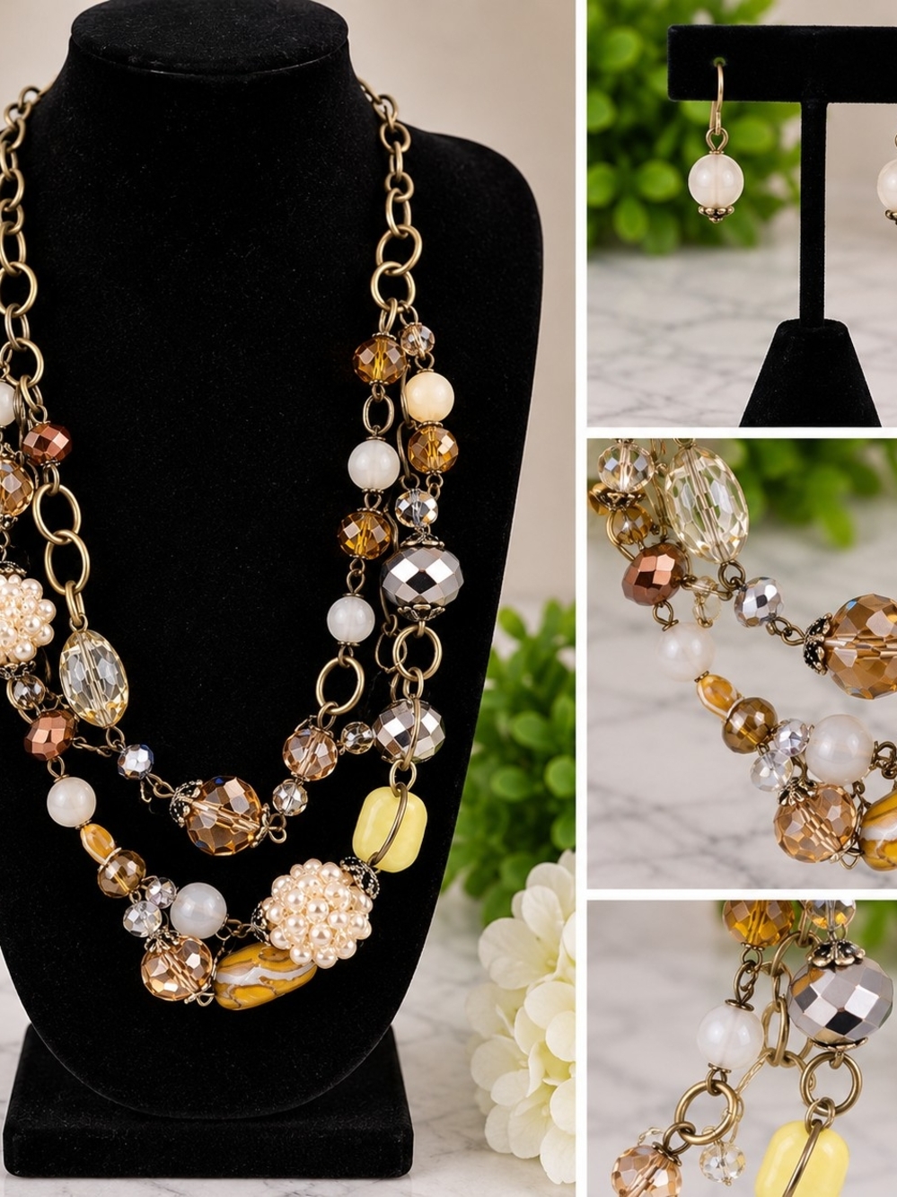Antique Gold-Tone Multi-Strand Beaded Necklace & Earring Set
